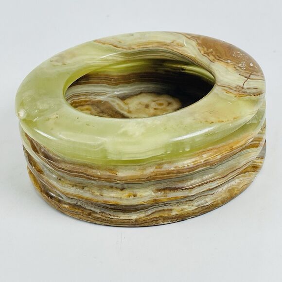 Stone Marble Onyx Green Brown Ashtray Trinket Dish Retro Heavy Vintage MCM 4in - Picture 8 of 12